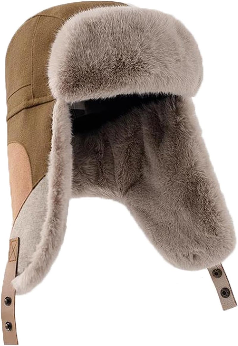 PURFUN Men Women Faux Fur Trapper Hat Stylish Splicing Color Winter Ski Hunting Hat Elders Warm Plush Ushanka Earflap Cap - Image 2